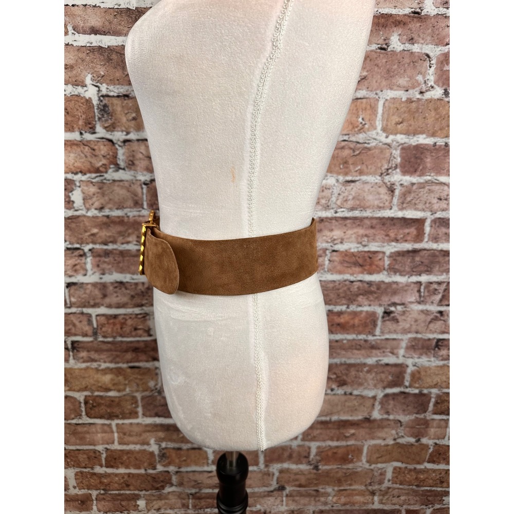 Anne Klein for Calderon Brown Suede Wide Waist Belt Gold Braided Buckle Medium - Picture 9 of 11